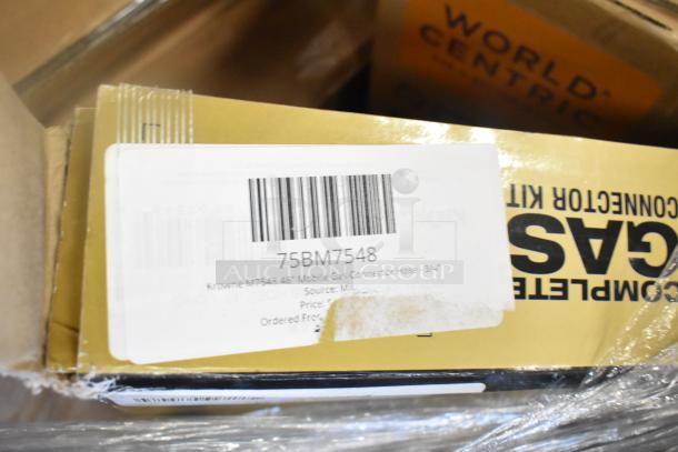 Box with barcode label reading "75BM7548 Krowne M7548 48'' Mobile Gas Connector Hose - 3/4''. Scratch and dent condition."