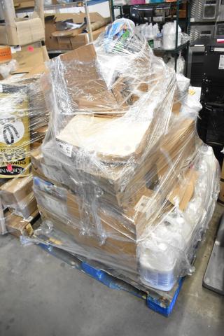Pallet with 30 new scratch and dent items, wrapped in plastic. Includes ketchup and automatic refills. Boxes marked "181 qty."
