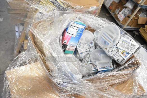 A pallet of 30 scratch and dent items including ketchup and automatic refills, wrapped, brand new condition, assorted packaging.