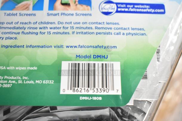 Barcode and label of model DMHJ screen wipes, Falcon Safety brand. New condition with ingredient info link.