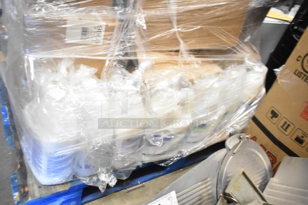 Pallet with 30 brand new, scratch and dent items, wrapped in plastic. Includes various containers and boxes.