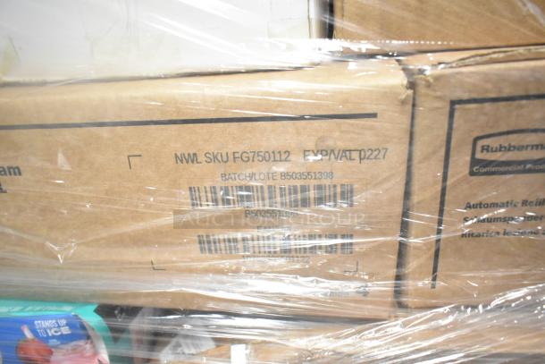 Boxes of brand new items labeled "NWL SKU FG750112" and "Rubbermaid Automatic Refills" wrapped in plastic packaging.