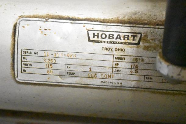 Hobart 1612 commercial meat slicer, serial no. 11-116-828, 115V, 1 phase, model 1612, made in USA.