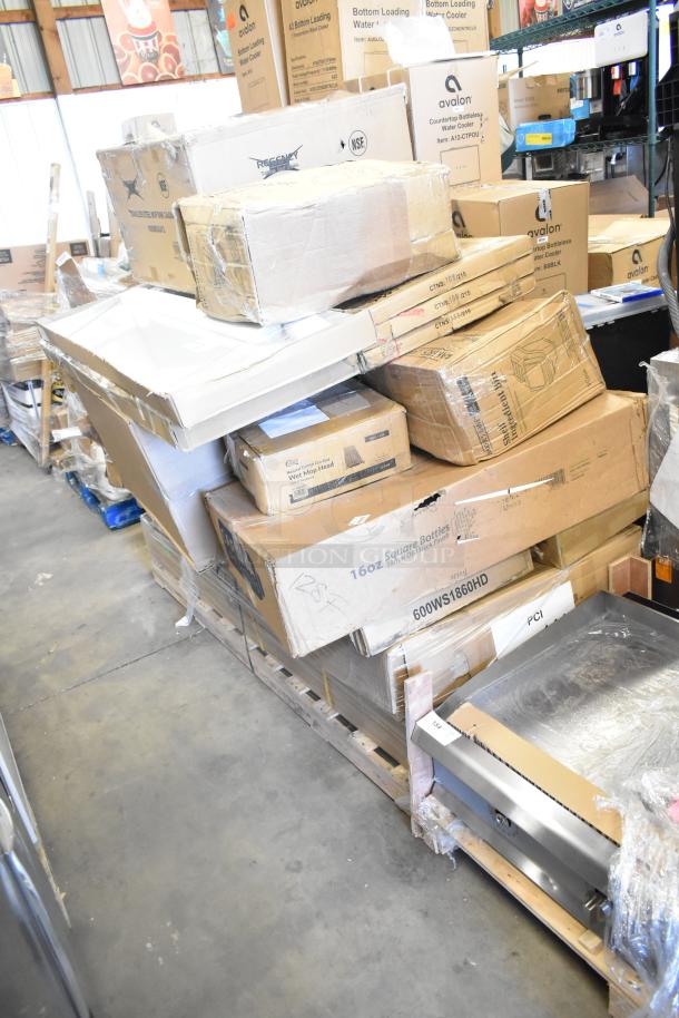 Boxes containing 16 new items with scratches and dents, including wall shelves and a work table, stacked on a pallet.