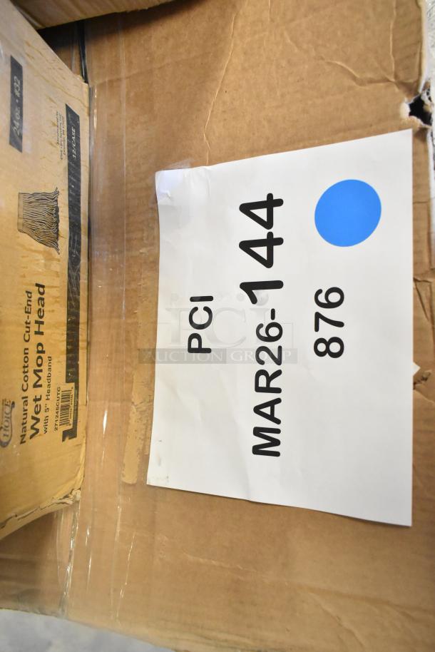 Box labeled "PCI MAR26-144" containing mixed scratch and dent items, including wall shelves and a work table.