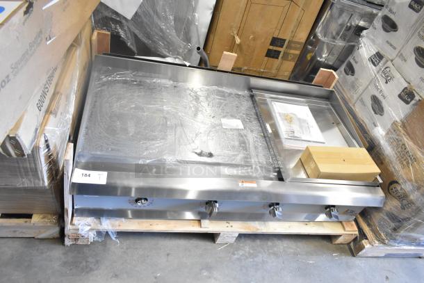 Brand new Cooking Performance Group 48" gas countertop griddle, model 351GTCPG48NL, with flame failure protection and thermostatic controls, 120,000 BTU.