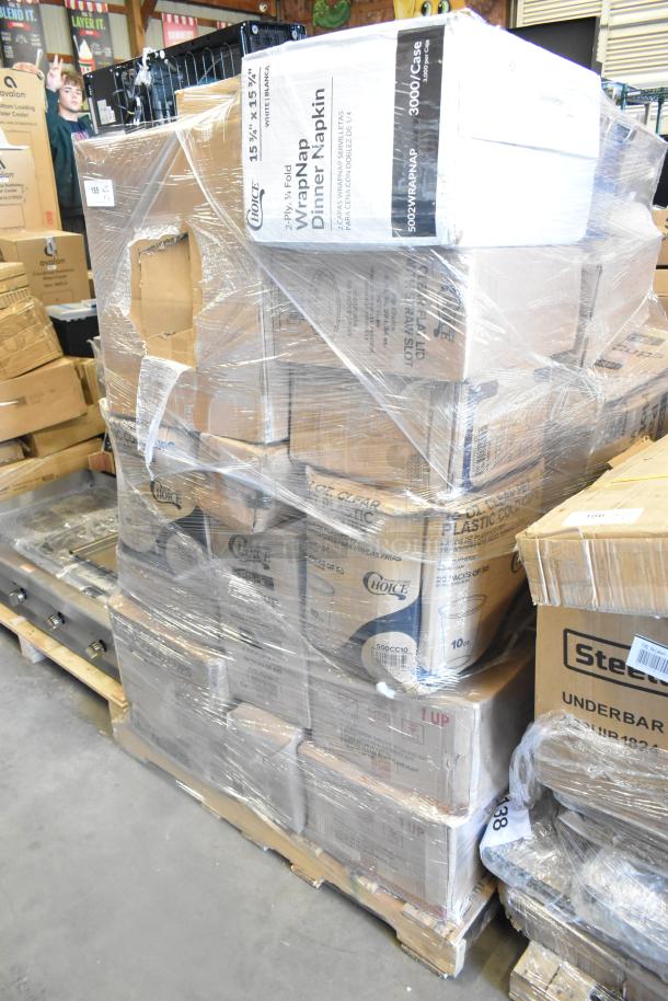 Stack of new scratch and dent items, including cold cups, lids, and containers, wrapped in plastic on a pallet.