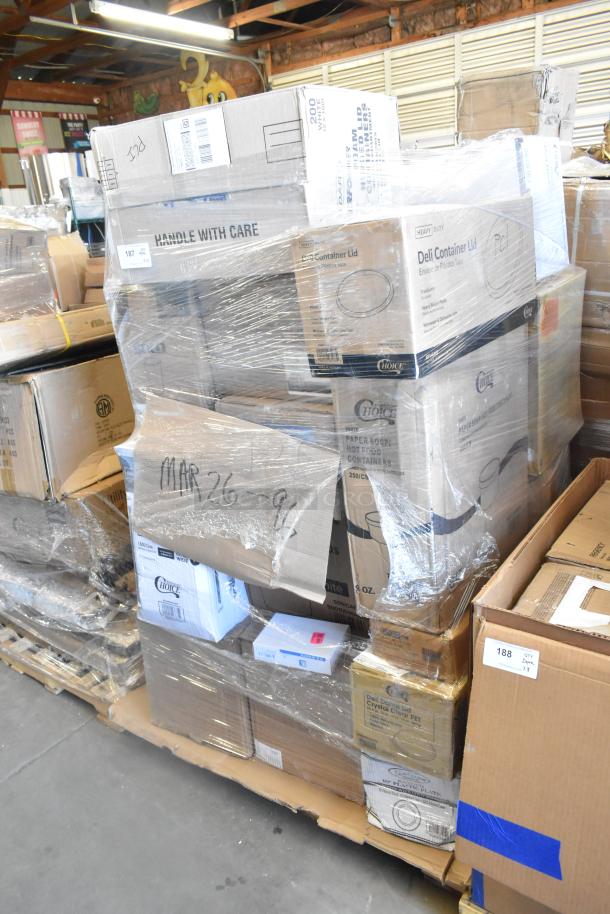 Boxes of new scratch and dent items including plastic plates, container lids, and paper bowls. Labeled "MAR26-96."