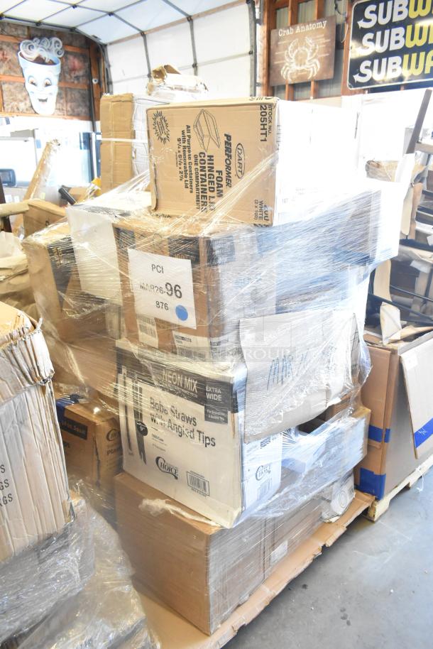 Pallet with 24 new scratch and dent items including plates, lids, bowls, and towels in labeled boxes, wrapped in plastic.