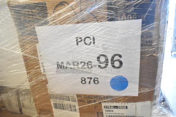 Shrink-wrapped pallet labeled "MAR26-96" containing 24 new scratch and dent items: plastic plates, lids, paper bowls, towels.