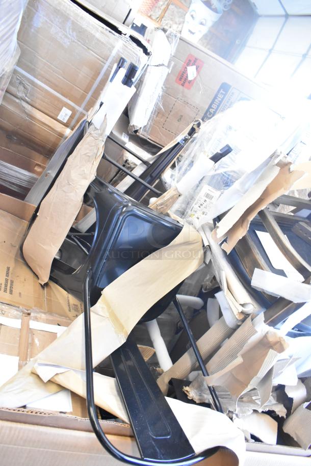 Eight Cooking Performance Group items, including scratch and dent chairs and a hand truck, model 351GTCPG48NL, in packaging.