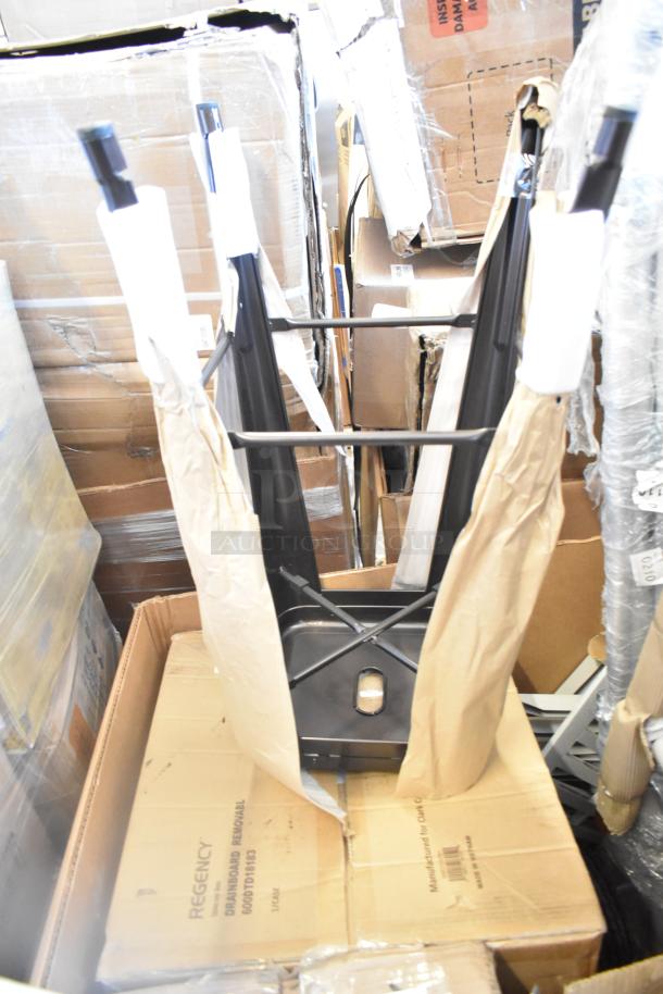 Eight brand new scratch and dent items including chairs and a hand truck, Cooking Performance Group model 351GTCPG48NL.