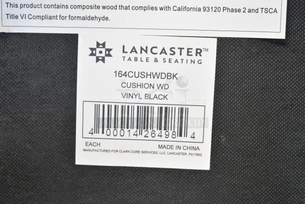 Label of Lancaster Table & Seating cushion, model 164CUSHWDBK, vinyl black. Includes compliance details. Made in China.