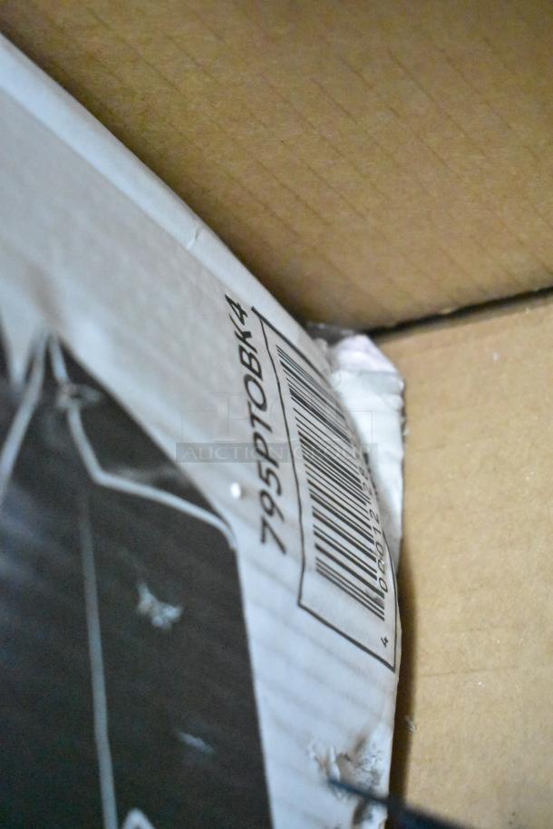 Barcode and item code "795P7OBK4" visible on cardboard box corner indicating packaging for scratch and dent items.