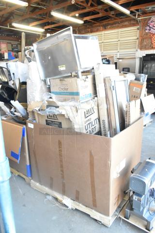 9 new scratch and dent items, including Cooking Performance Group 351GTCPG48NL sink, ice bin, sneeze guard, in boxes.