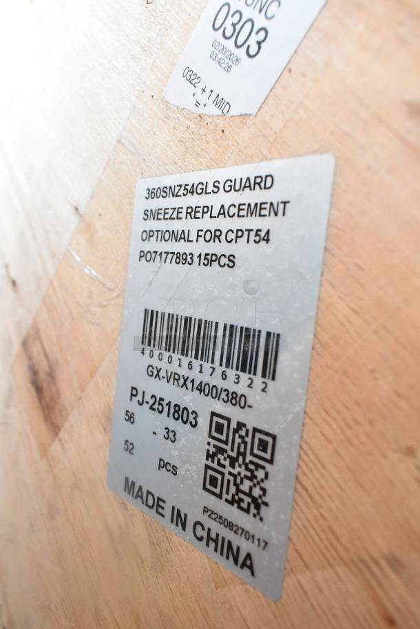 Label showing sneeze guard replacement details for CPT54, 15 pieces, made in China, with barcodes and ID codes.