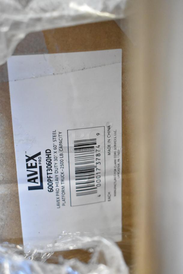 Label on a Lavex Pro Heavy Duty 30"x60" Steel Platform Truck box, 2500 lb. capacity, model 600PFT3060HD.