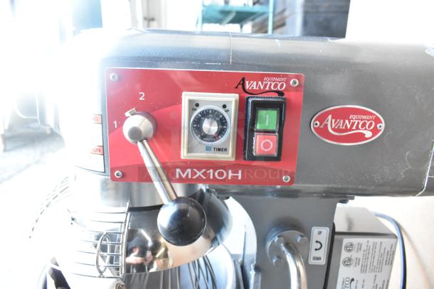 Brand new Avantco MX10H commercial 10-quart planetary dough mixer with bowl, guard, whisk, dough hook, and paddle. 120V, 1 Phase.