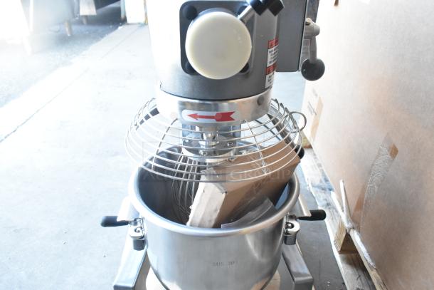 Brand new Avantco MX10H commercial 10-quart planetary dough mixer with bowl, guard, whisk, hook, and paddle. 120V, 1 Phase.