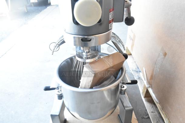 Brand new Avantco MX10H commercial 10-quart dough mixer with bowl, guard, whisk, hook, and paddle. 120V, 1 phase.