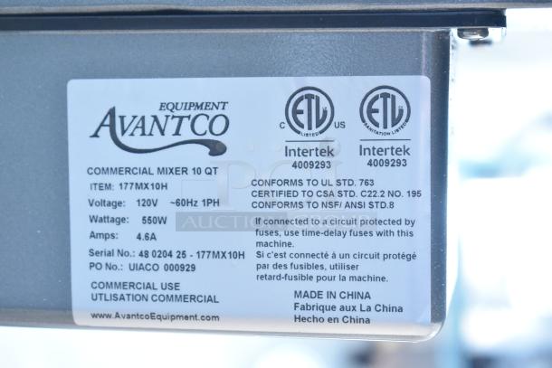 Avantco MX10H Commercial Mixer label. Details: 120V, 550W, 4.6A, ETL certified. Made in China. Model: 177MX10H.