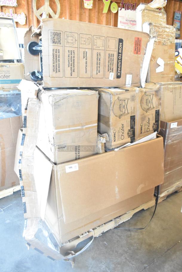 Stack of brand new boxes labeled "Chafer," visible scratches and dents, includes instructions. Sold in bulk, 10 items.