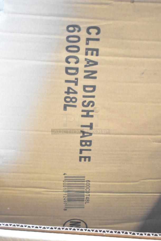 Cardboard box labeled "Clean Dish Table 600CDT48L," showing barcode and new item description.