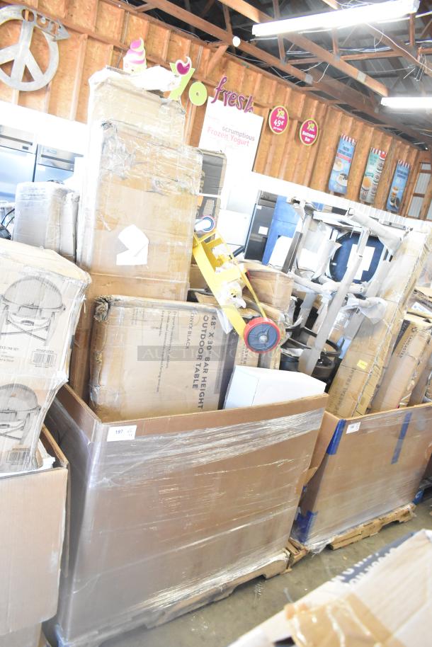 18 new scratch and dent items including fry pot, high chair, drum caddy. Pallet of boxed items, mixed condition.