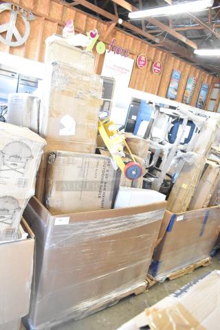18 new scratch and dent items including fry pot, high chair, drum caddy. Pallet of boxed items, mixed condition.