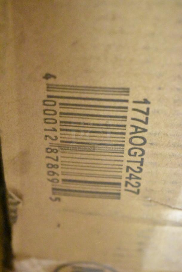 Barcode on cardboard box for auction lot containing 18 scratch and dent items, including a fry pot, high chair, and drum caddy.