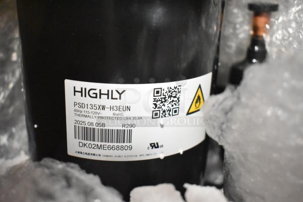"Highly" appliance label, model PSD135XW-H3EUN, 115-120V, thermally protected, RoHS compliant, barcode, and QR code visible.
