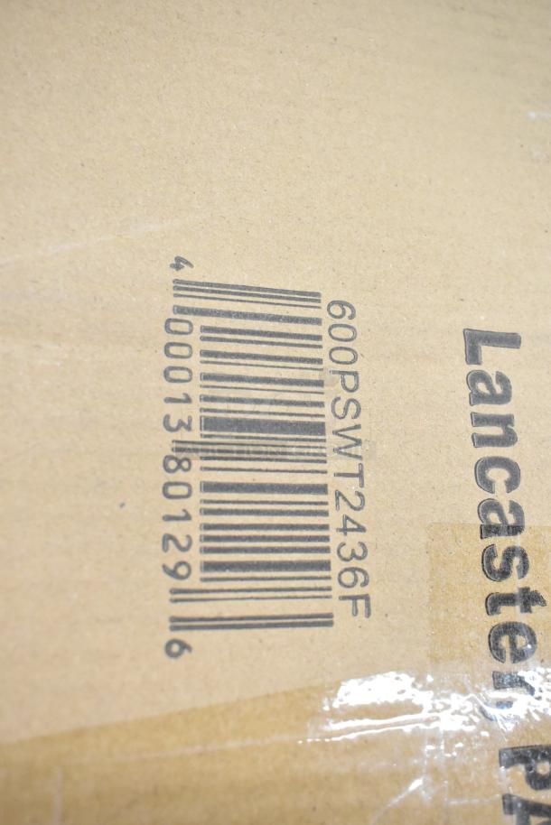 Cardboard box with barcode 600PSWT2436F, showing partial branding "Lancaster". Item includes brand new scratch and dent chairs and outdoor table.