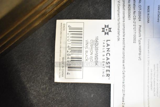 Barcode and tag for Lancaster Table & Seating cushion, model 164CUSHWDBK, vinyl black, made in China.