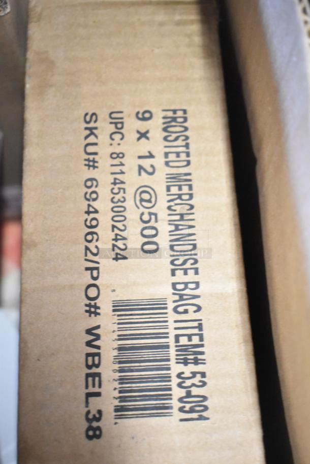 Box labeled "Frosted Merchandise Bag" 9x12, 500 count, UPC: 811453002424, SKU: 694962, item #53-091.