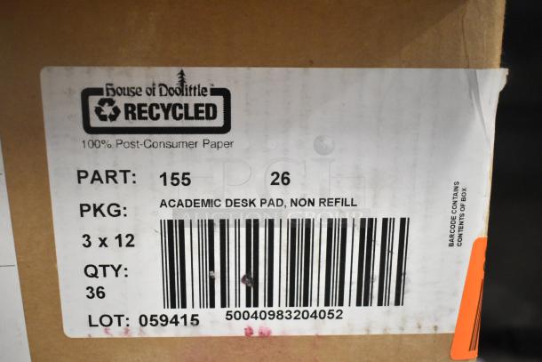 Box with label for House of Doolittle recycled academic desk pads, non-refill, part 155, quantity 36.