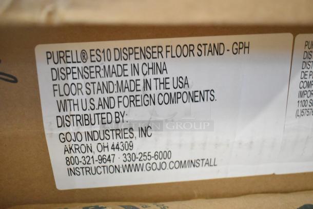 PURELL ES10 Dispenser Floor Stand label, made in USA with U.S. and foreign components, by GOJO Industries, OH.