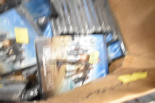 Box of mixed scratch and dent items, including merchandise bags, folders, dispenser floor stand, and Dixie napkins.