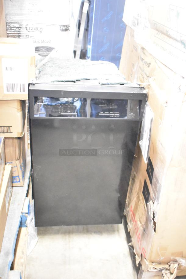Honeywell HDS18B 18" dishwasher, black finish, 120V, 1 phase, visible control panel, surrounded by boxes.