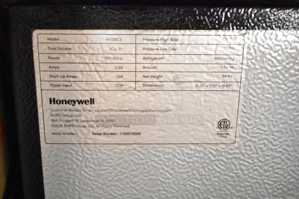 Brand new Honeywell H115BCS cooler, 115V, 3 cu. ft., ETL certified. Label shows specs and serial number: 1150078566.