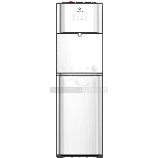Avalon A5 Bottleless Water Cooler, self-cleaning, new condition, scratch and dent, stock photo, sleek silver finish.