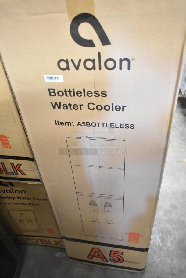 Avalon A5 bottleless water cooler in box, self-cleaning feature, scratch and dent condition, new, marked A5BOTTLELESS.