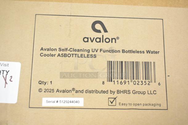Cardboard box with Avalon A5 Bottleless Water Cooler label, self-cleaning UV function, serial #5129244040, easy-open packaging.
