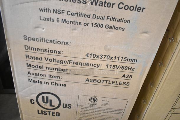 Avalon A5 Bottleless Water Cooler Dispenser box, showing dimensions 410x370x1115mm, model A25, NSF certified.