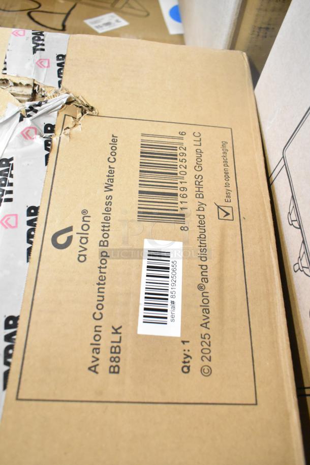Avalon B8BLK Countertop Bottleless Water Cooler box, brand new with minor packaging wear, barcode and serial visible.