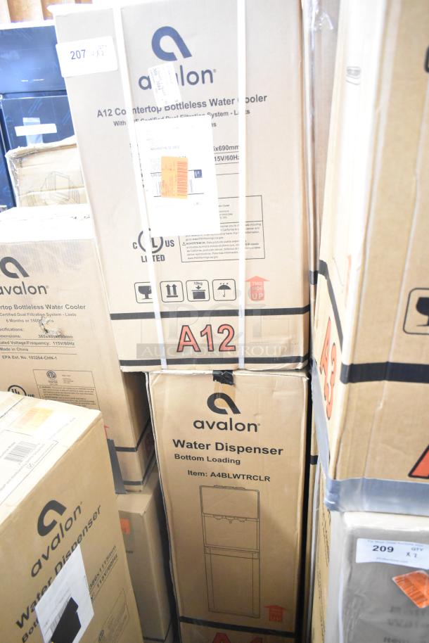 Avalon A12-CTPOU Bottleless and A4BLWTRCLR Water Dispensers, new scratch and dent, stock image, boxed packaging shown.