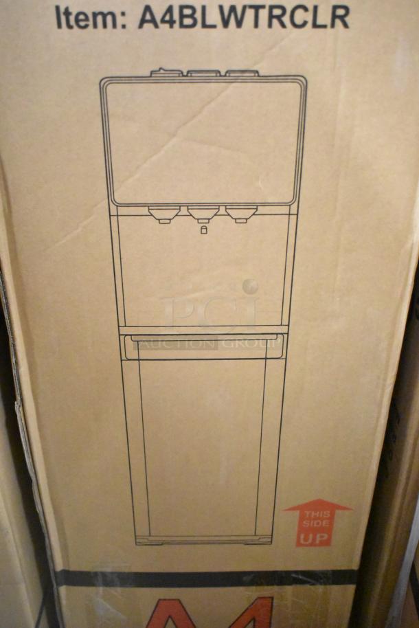 Box for Avalon A4BLWTRCLR Bottom Loading Water Cooler. Features model label and "This Side Up" arrow.