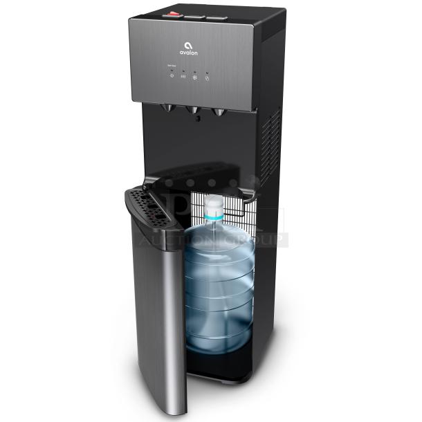 Avalon A3BLOZONEWWTRCLR self-cleaning water cooler, brand new, scratch and dent. Black with a bottom-loading design.