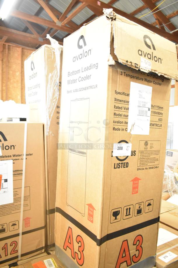 Avalon A3BLOZONEWWTRCLR self-cleaning water cooler, brand new, in original packaging. Visible boxes with labels and handling icons.