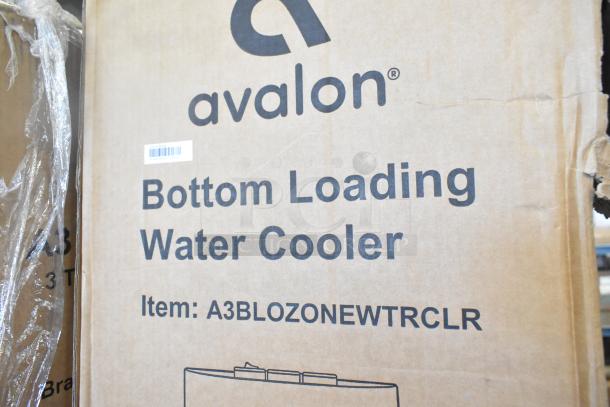 Alt text: Avalon A3BLOZONEWWTRCLR Self Cleaning Water Cooler packaging, labeled "Bottom Loading Water Cooler." Brand new, scratch and dent condition.