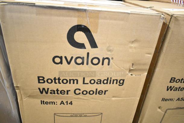 Avalon A14 Bottom Loading Water Cooler box with logo and minor packaging dents, indicating scratch and dent condition.